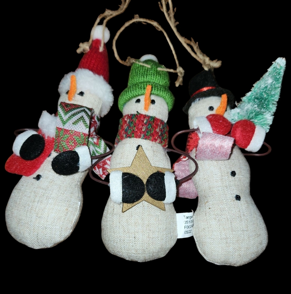 Target set of 3 snowmen ornaments 2022 cotton,flannel,knit.Wire arms